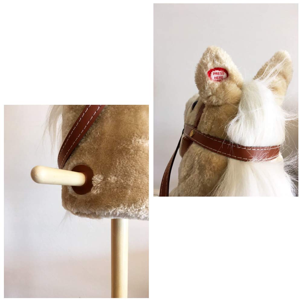 TE-Trend Steckenpferd mit Sound – 95 cm zweiteiliges Hobby Horse für Kinder, Holzstab & Plüschkopf, Reitspielzeug mit Rollen, Hobby Horsing Bewegungsspielzeug ab 3 Jahren