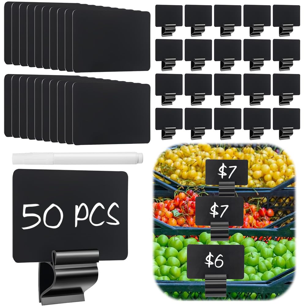 50 Stück schwarze Schild-Etiketten, Kreidetafel-Schilder, Clip für Lebensmittel, Kunststoff, Lebensmitteletikettenhalter, Buffet-Preisschild-Halter für Geschäft, Geschäft, Supermarkt