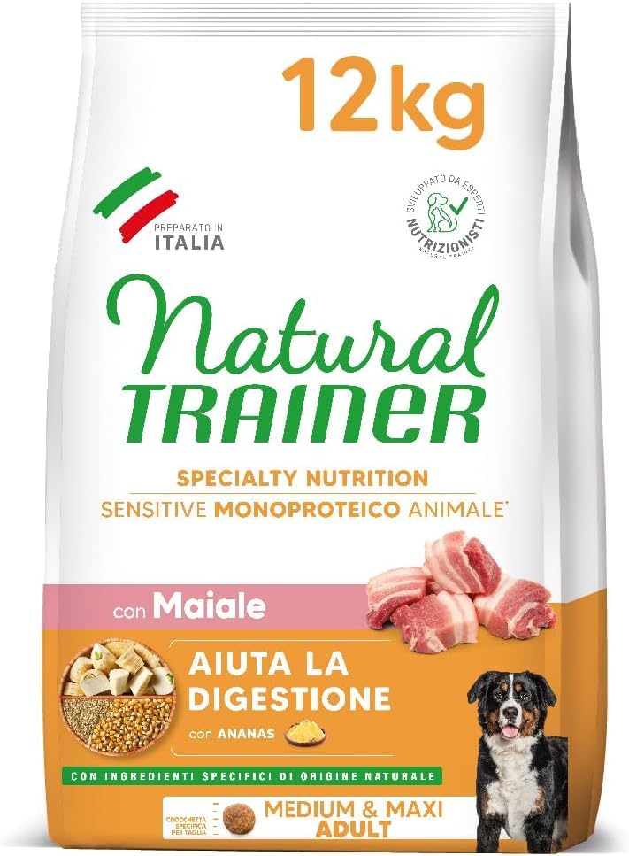 Natural Trainer Sensitive No Gluten Medium & Maxi Adult Crocchette Cani con Maiale e Cereali Integrali 12kg - Alimento Secco Monoproteico per Cani Adulti Taglia Media e Grande, Digestione Sensibile