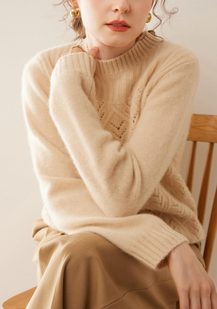 E-girl Maglione da donna 95% cashmere, girocollo, a maniche lunghe, lavorato a maglia, da donna, in lana di cashmere, con crepe, rilassato, DF8091