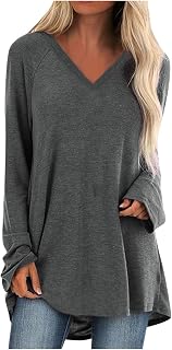 Camisas occidentales para Mujer Sudadera Manga Larga Parte Superior sólida Camiseta holgada Cuello V Blusa túnica,