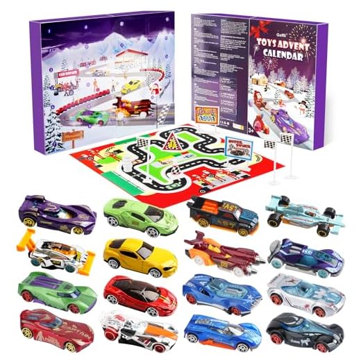 Calendario Adviento 2026, Christmas Advent Calendar con 16 Juguetes para Autos, Mapa y 6 Personajes de Dibujos Animados, Juguetes Calendario Adviento Niños, Ideal para Regalo Sorpresa de Navidad