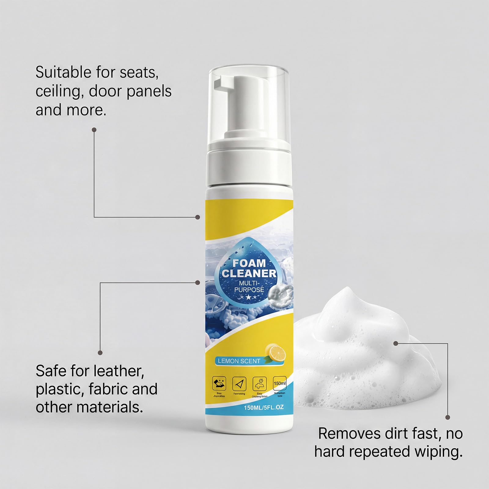 4-in-1 Multi No-Rinse Foam Cleaner für Autoinnenraum Ledersitz Reviver mit Zitrone frischem Duft, Couch Cleaner Spray, 150Ml Polsterreiniger Schaum, Allzweckreiniger für Leder (5 stücke)