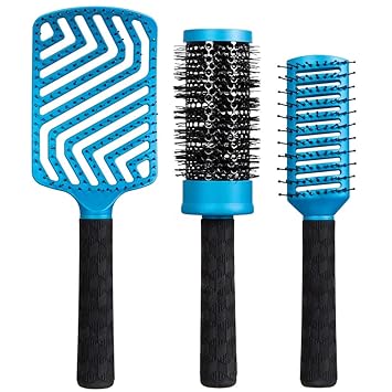 ForPro Expert Stylist Choice 3-Piece Hair Brush Set - Paddle Brush, Nano Ceramic Barrel Brush, Vent Brush - Silicone Ergonomic Handle, Matte Blue