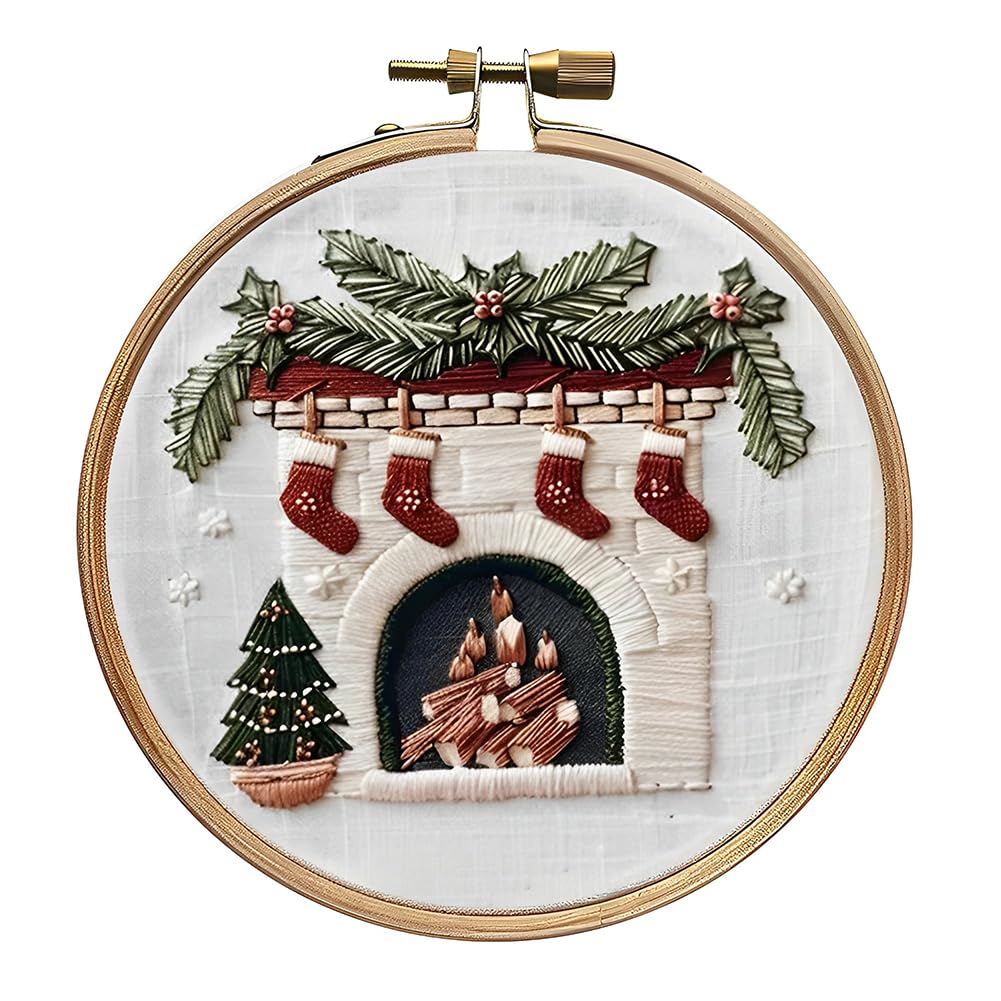 Christmas DIY Cross Stitch Embroidery Kit - Multifunctional Needlepoint Set with Embroidery Hoop, Cloth, Needles & Threads - Handmade Sewing Art Craft for Adults & Beginners (Fireplace)