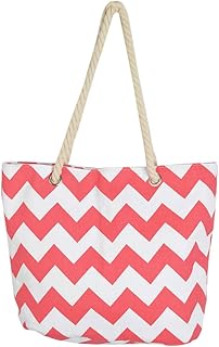 Premium Large Chevron Zig Zag Canvas Tote Shoulder Bag Handbag, Coral Orange