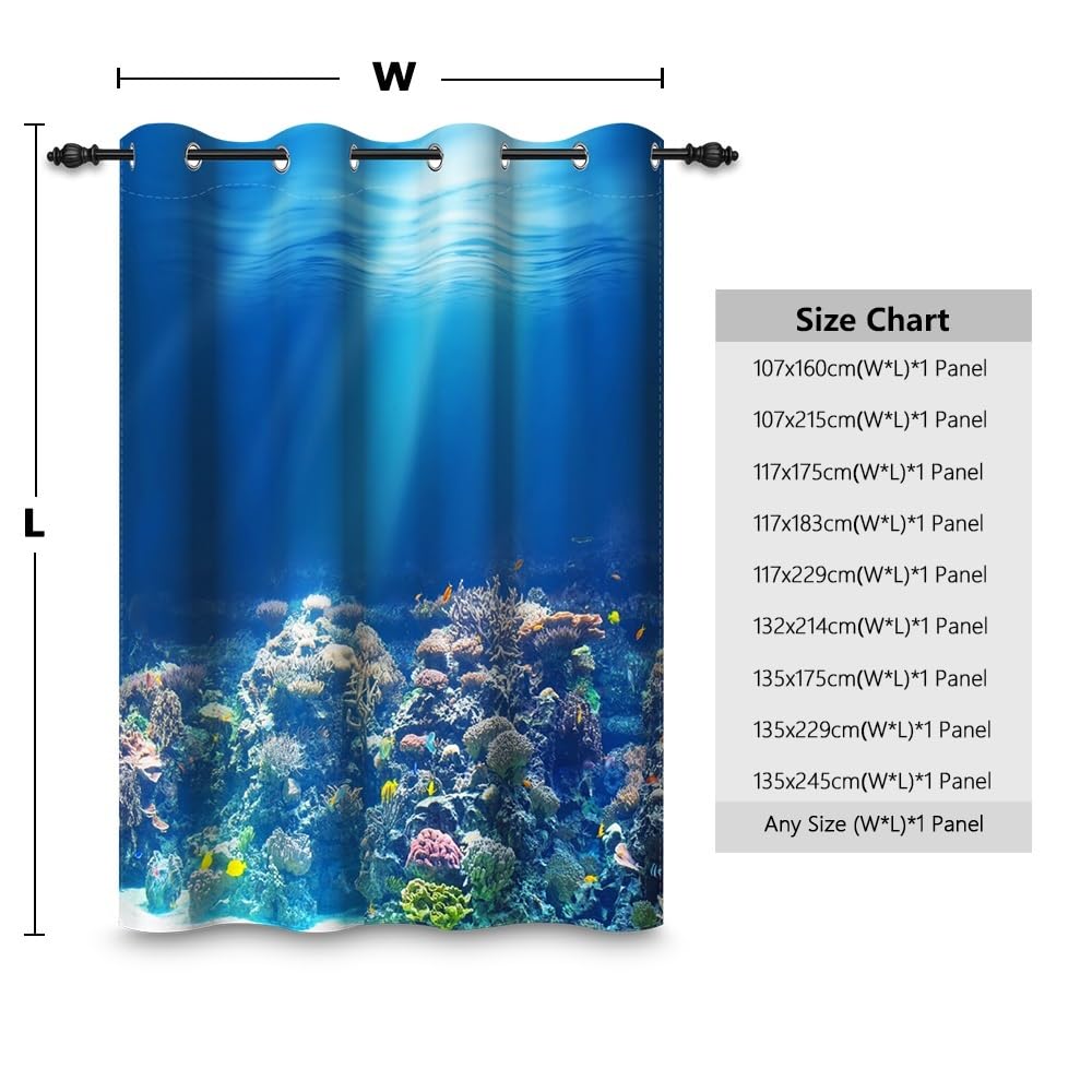 132x214cm Rideau à œillets Océan Mer Bleue Monde sous-Marin Coraux Paysages naturels Thème Nautique Séparateurs de pièces Occultants Rideaux pour fenêtres Chambre Salon,1 Panneau Simple