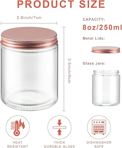 Miniatura 2 de 12 tarros de vidrio gruesos de 8 onzas y 8.5 fl oz con tapas de metal, tarros transparentes para hacer velas con tapas de oro rosa, recipientes