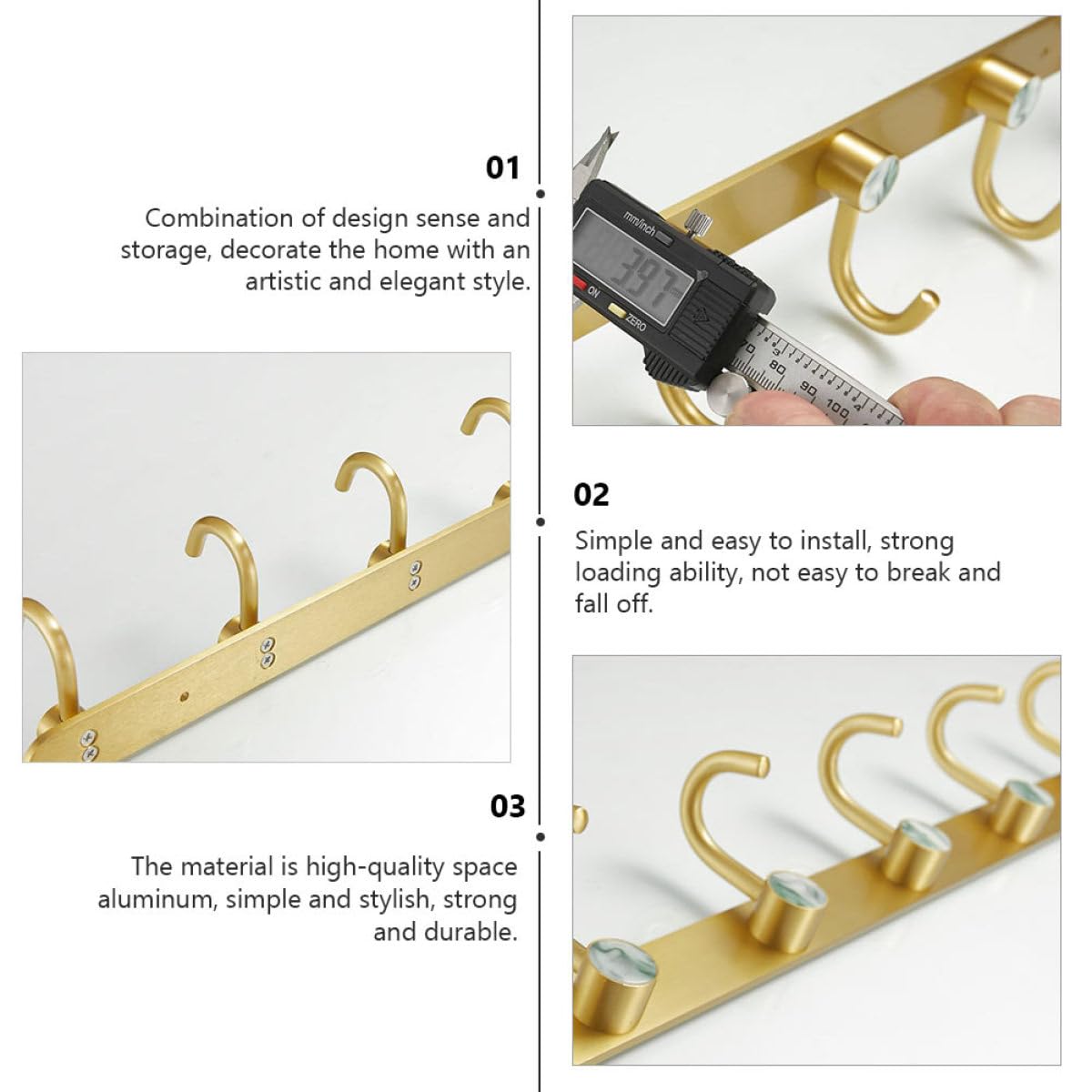 ibasenice 1pezzi Gancio Appendini da Parete in Alluminio Spazioso Ganci Bianco Oro Moderno e Stile Elegante per Bagno e Ingresso Organizzatore Pratico per Cappotti Cappelli e Accessori