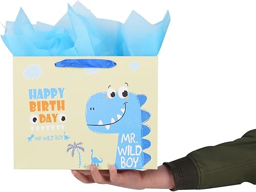 Miniatura 6 de Bolsa de regalo grande para niños con papel de seda para niños, fiesta de cumpleaños, baby shower, 12.6 pulgadas, dinosaurio