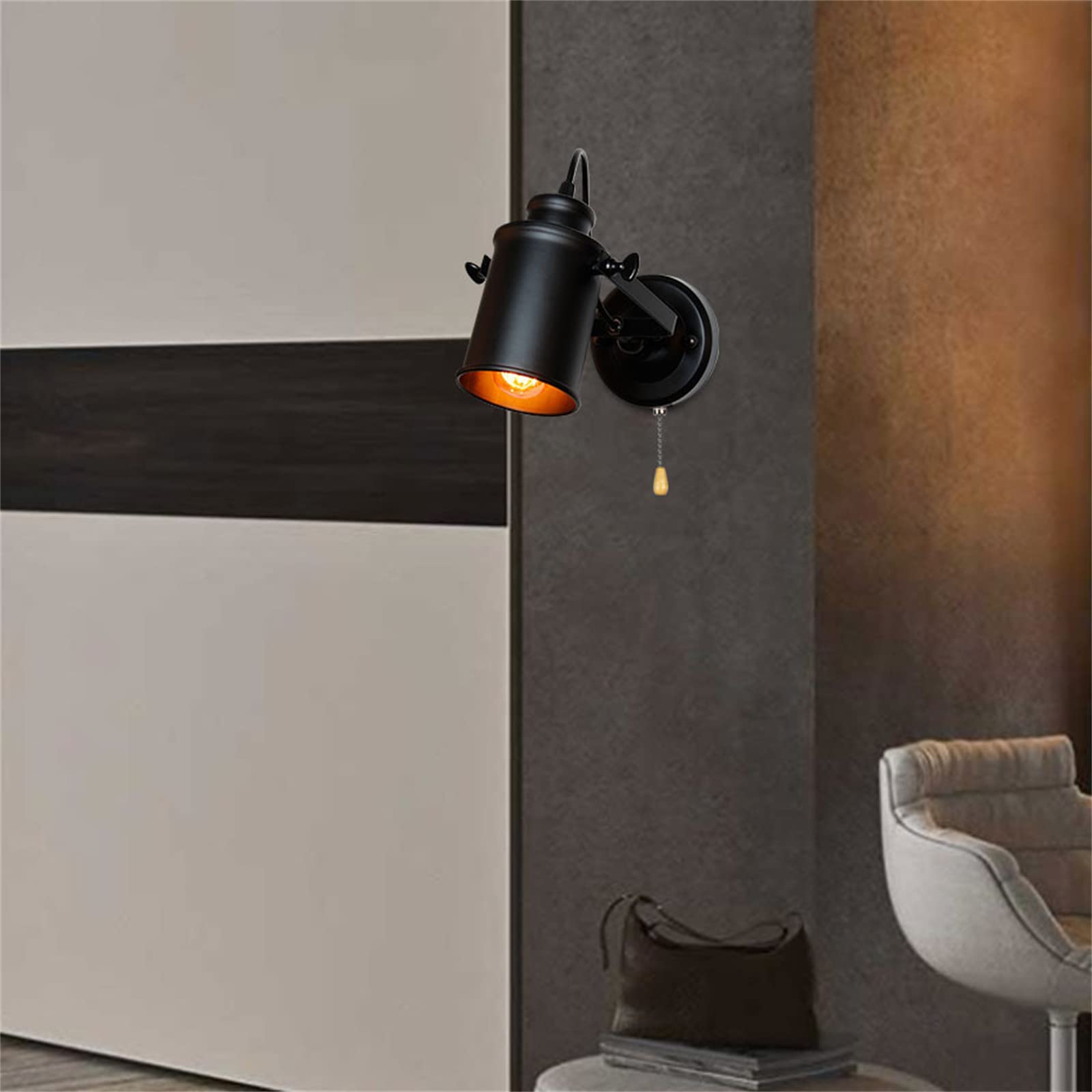 Apliques de Pared LED de Estilo Industrial Retro con Interruptor de Tiro, lámparas metálicas Modernas giratorias 180° con Casquillo E27 para Dormitorio, Sala de Estar, Pasillo y ha