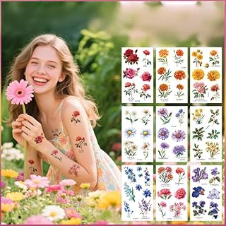 12 Sheets Floral Monthly Themed Temporary Tattoo Vibrant Flower Designs Body Art Stickers Waterproof Floral Skin Tattoo Stickers for Arms and Ankles