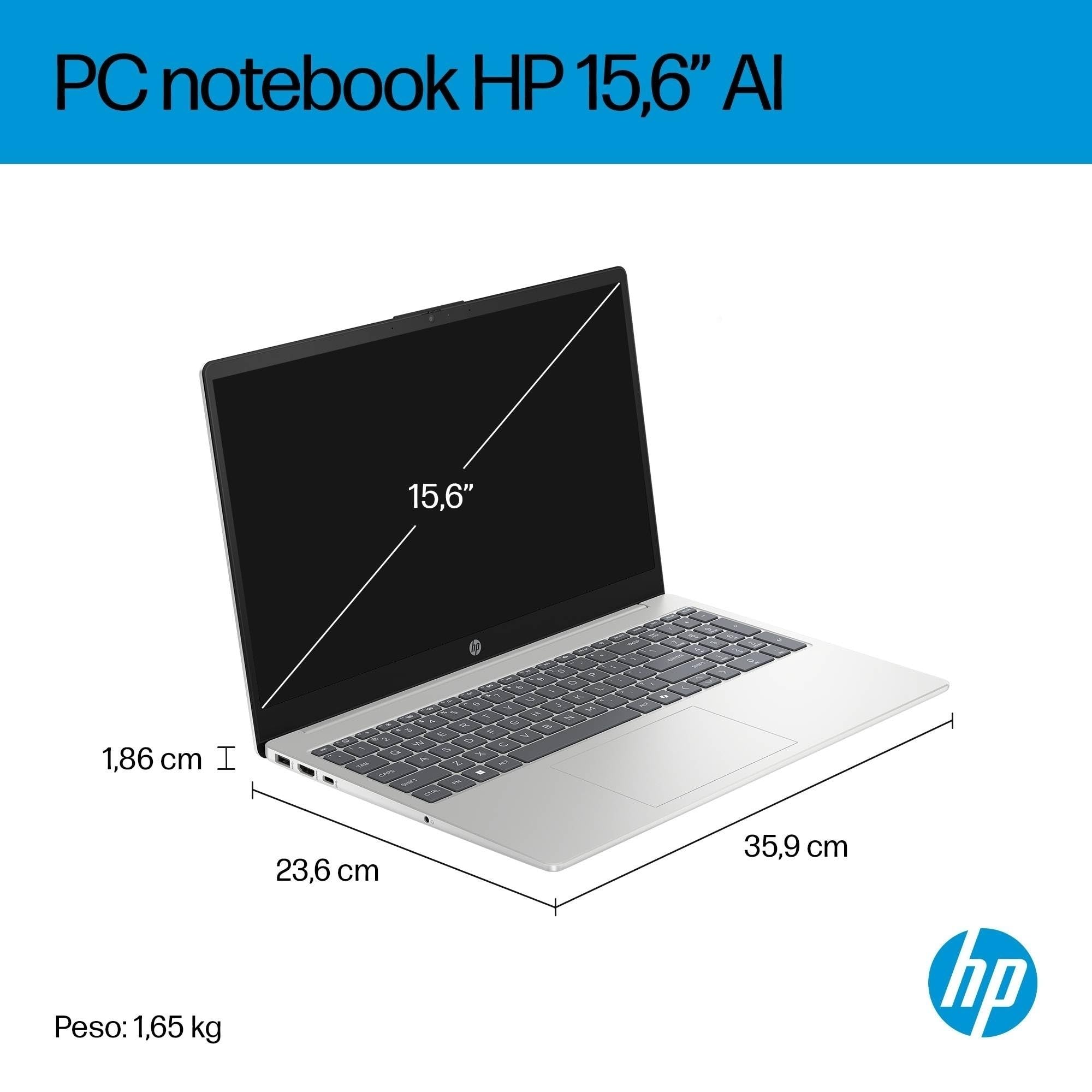 HP Laptop 15-fd2004sl, PC Portatile 15", Display FHD, Notebook, (Intel Core Ultra 7 255U, RAM 24GB, SSD 1TB, Windows 11), Computer Portatile, Uso quotidiano, Tastiera Italiana, QWERTY, Argento