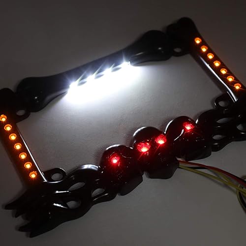 Miniatura 5 de HTTMT - Marco de placa de matrícula 3D con diseño de calavera y huesos en llamas, negro, con luz LED de marcha atrás y giro, compatible con H-D