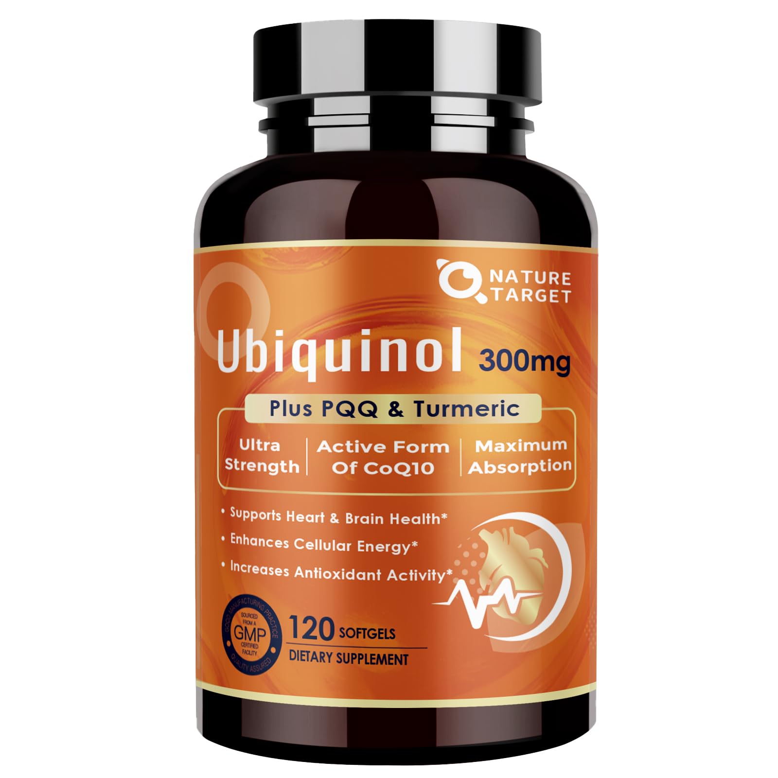 NATURE TARGET Ubiquinol CoQ10 300mg softgels with PQQ & Turmeric, High Absorption Coenzyme Q10 Supplement with ALA & Black Pepper, Antioxidant for Heart & Brain Health, Energy Production, 120 Count