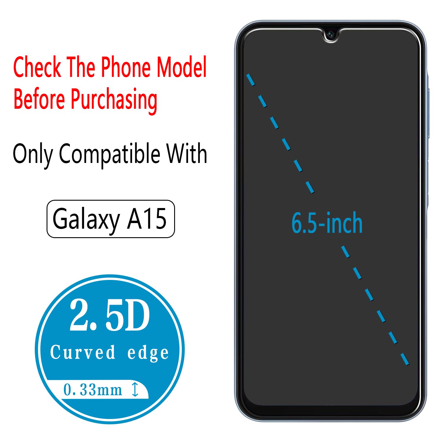 HPTech - Protector de pantalla de vidrio templado diseñado para Samsung Galaxy A15, antiarañazos, sin burbujas, 2 unidades