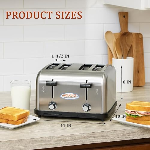 Miniatura 6 de Hakka Tostadora de 4 rebanadas, tostadora comercial de acero inoxidable resistente con ranuras extra anchas, bandeja de migas extraíble y emergente,