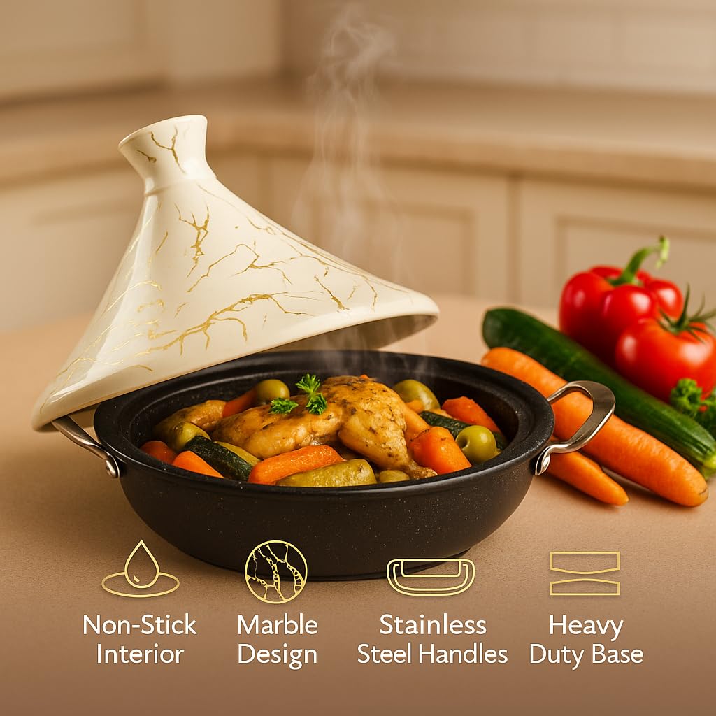 Royal Swiss Tajine 34 cm - Acciaio inossidabile con coperchio in ceramica e valvola a vapore, induzione e tutti i piani cottura, risparmio energetico, lavabile in lavastoviglie, pentola tradizionale