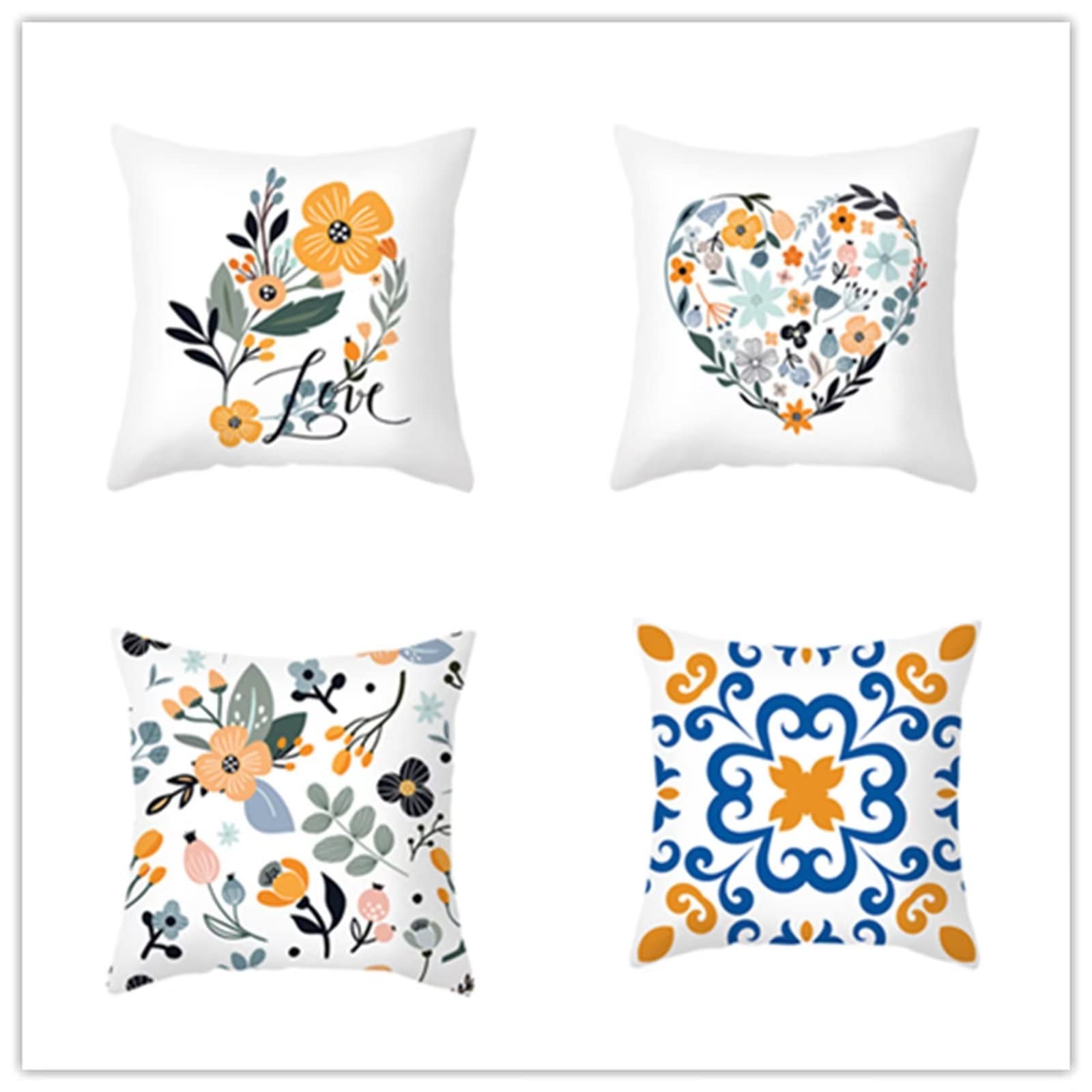 Pequeña flor blanca Cojines Sofá 55x55cm, Juego de 4 lino Funda de Almohada de Moderna Decorativa Cojín Decorativo para Sofá, Decoración para Casa, Estampado por Ambos Lados, con Cremallera Invisible