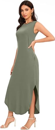 Women's Loose Sundress Long Dress Sleeveless Split Maxi Dresses 2026 Summer Beach Dress with Pockets