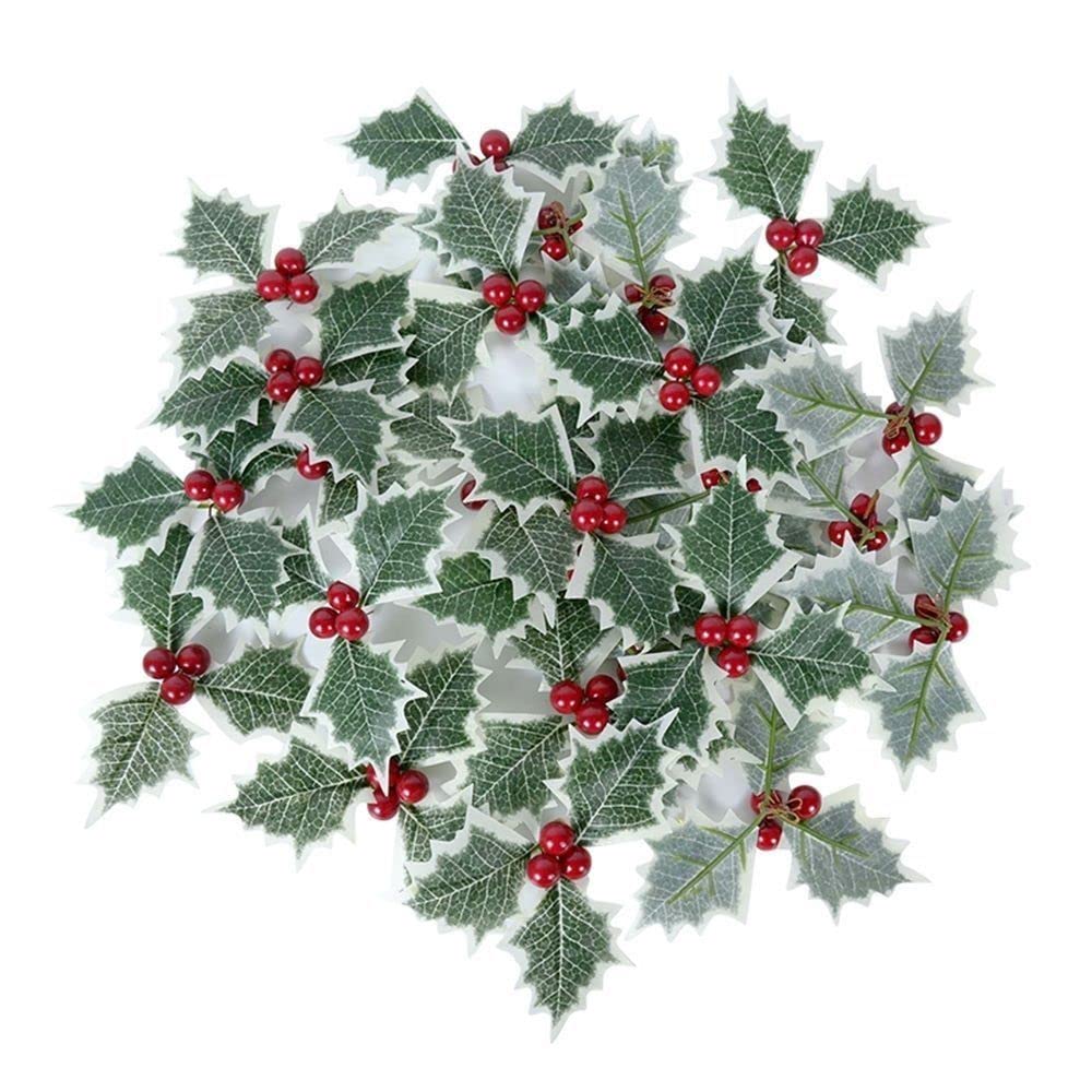 Artificial Holly Berries with Green Leaves Artificial Christmas Red Berry Picks for DIY Crafts Wreath Christmas Arrangement Gift Box Decor(Red)