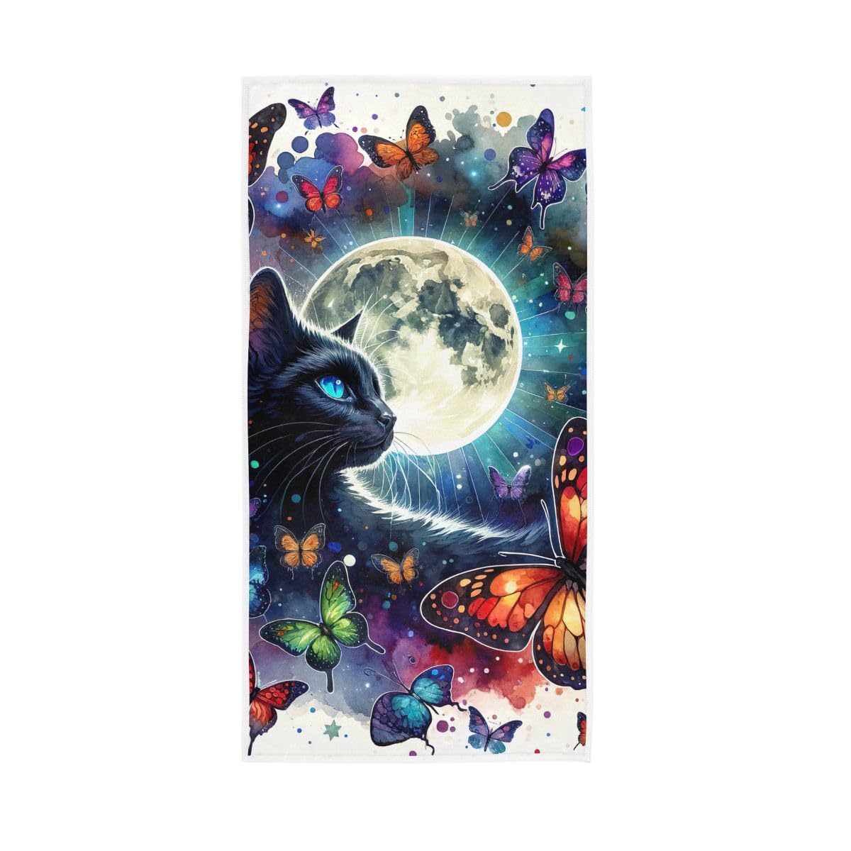 LSRCPD Watercolor Cat Butterflies and Moon Hand Towels, Decorative Hand Towels for Bathroom 15 x 30 Inches