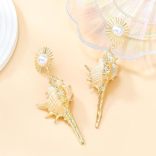 Miniatura 6 de Aretes de concha, aretes colgantes de concha de océano para mujer, aretes largos de concha de mar de perlas bohemias, aretes de caracol marino,