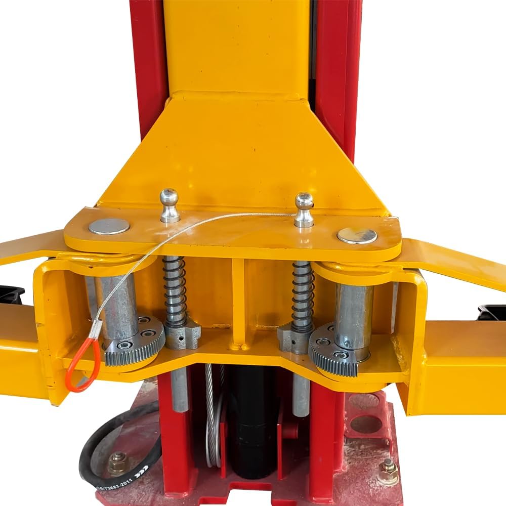 Close-up of the safety lock mechanism on the KATOOL AK-M120 car lift, showing the engagement pins and springs.