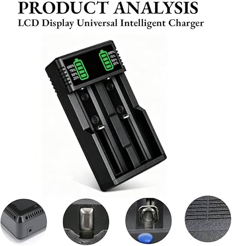 Vista 6 de Cargador de batería 18650 con paquete de 2 pilas de 3.7V 2200mAh Ni-MH planas, pantalla LCD de 2 bahías, cargadores de batería USB universales