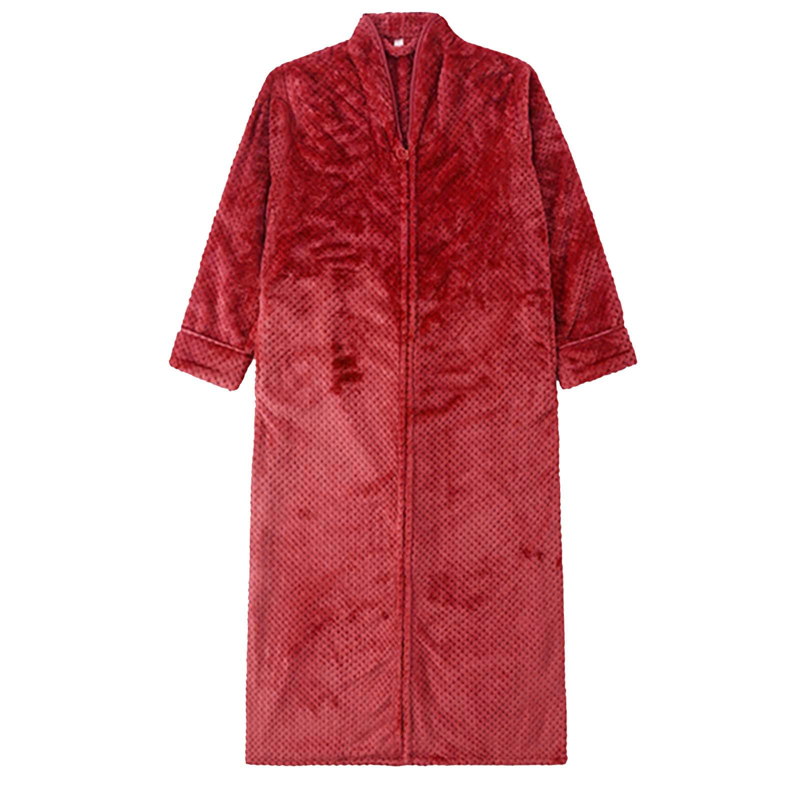Accappatoio da donna con cerniera, leggero M-XL, vestaglia taglie lunga in pile | Pigiama da donna con scollo a V, con tasche, tinta unita, delicato sulla pelle