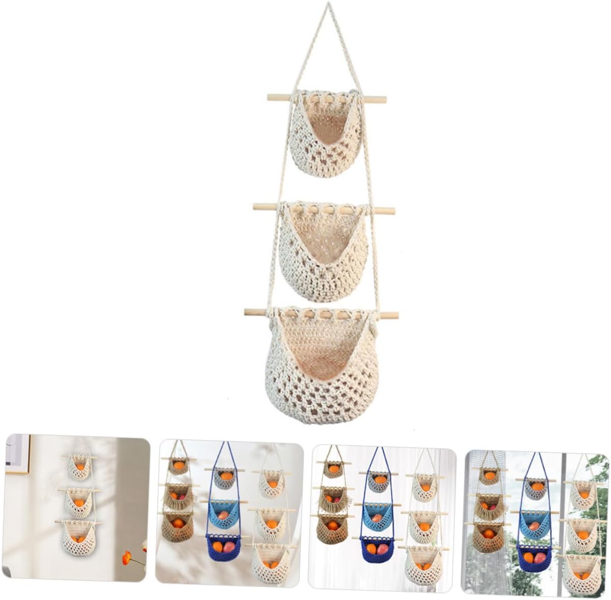 2Pcs Hanging Woven Basket for Fruits Vegetables Multi Functional Rope Storage Organizer for Kitchen Living Room Ventilated Design