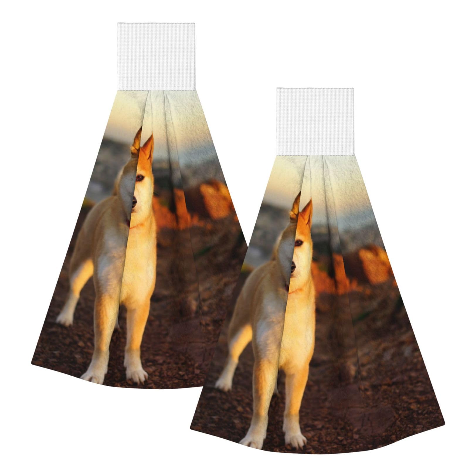 DOPKLNA Shiba Inu Pets Dogs Sunset Bokeh Shiba Inu, 2 Pcs Hanging Coral Fiber Hand Towels for Bathroom, Absorbent Kitchen Towels