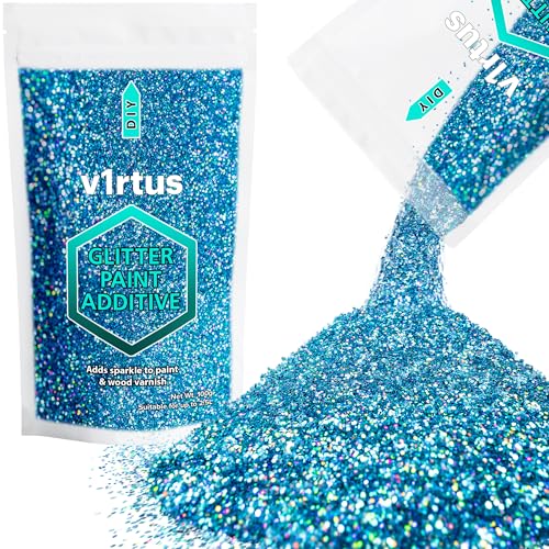 V1RTUS Ocean Blue Holographic Glitter Paint Crystal Additive 100g / 3.5oz for Acrylic, Latex, Emulsion - use Interior/Exterior - Wall, Ceiling, Wood, Varnish, Dead Flat, Matte, Soft Sheen or Silk