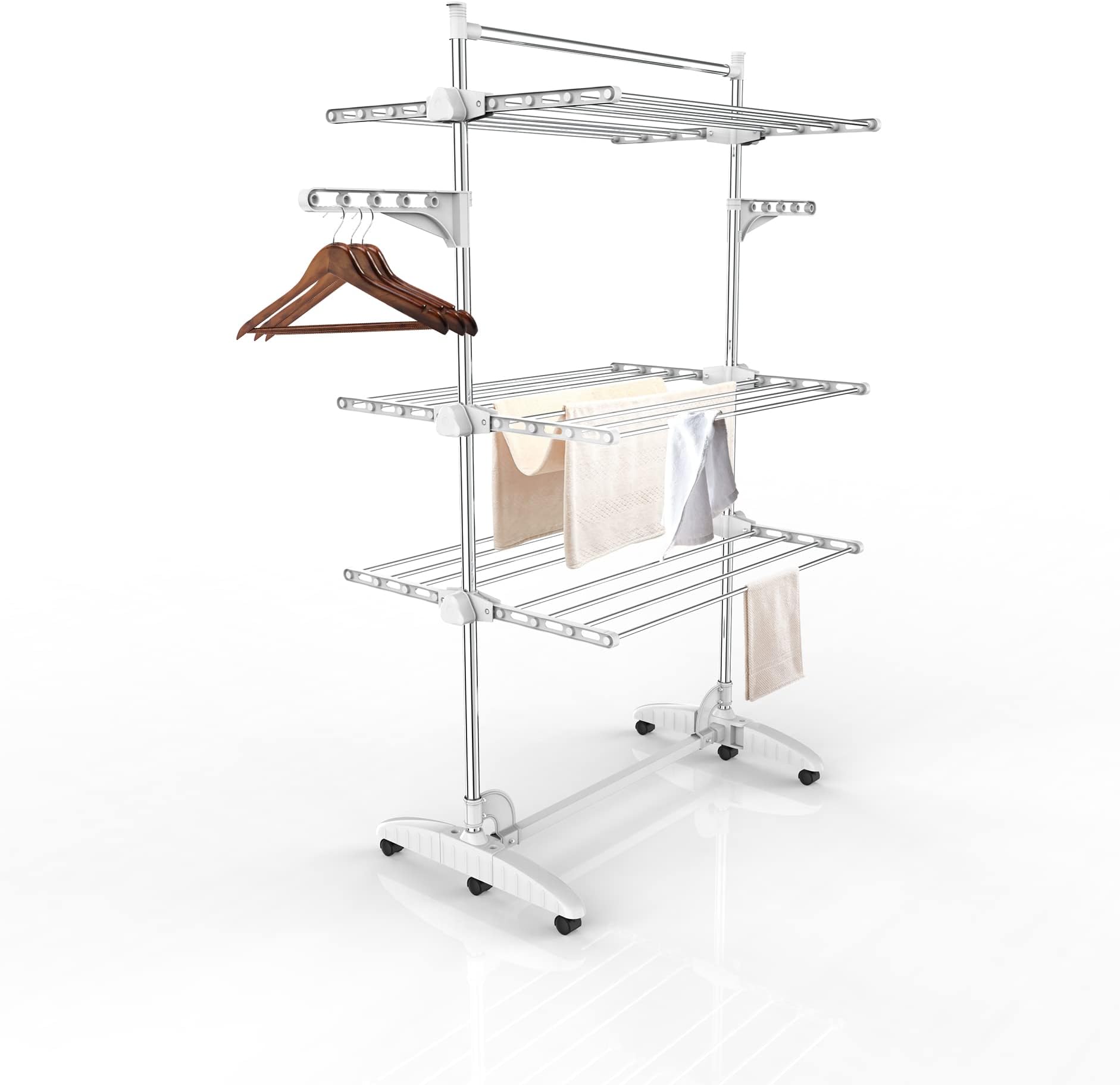 Todeco - Laundry Drying Rack, Clothes Airer - Material: Stainless steel tubes - Maximum load: 6.7 lbs per support bar - 3 shelves, White, with wings and top bar