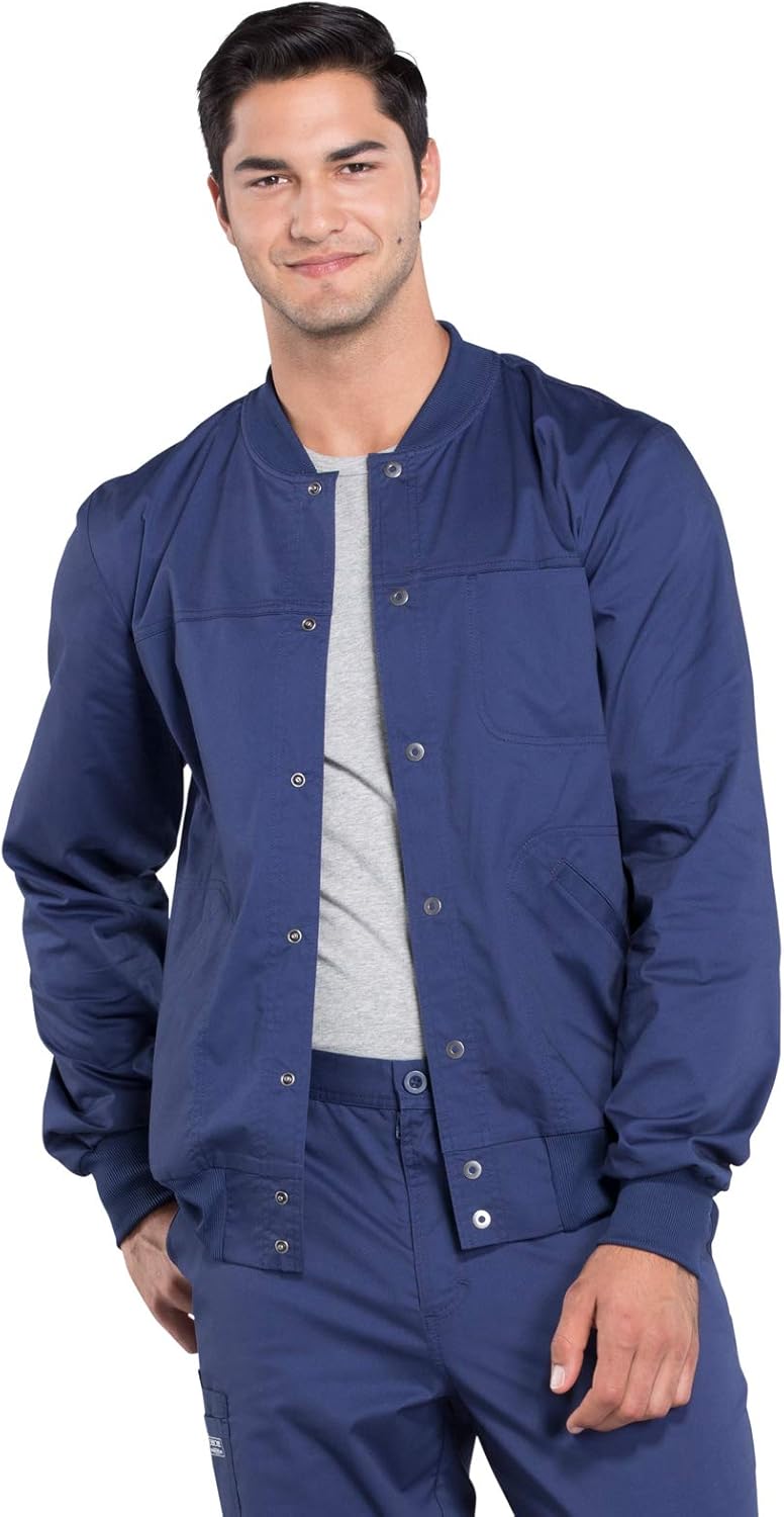 Cherokee Men Scrubs Jacket Workwear Core Stretch Snap Front Plus Size WW330, 4XL, Navy