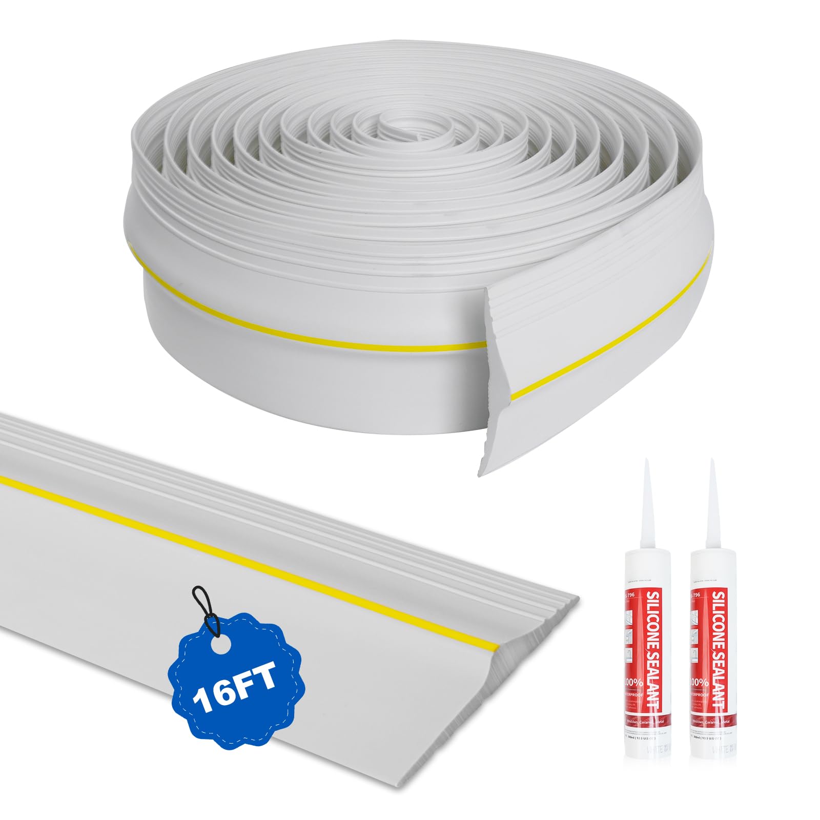 DGSL Universal Garage Threshold Seal Strip with Sealants/Adhesive, 16FT Waterproof Garage Door Bottom Rubber, DIY Garage Door Weather Stripping Replacement, White