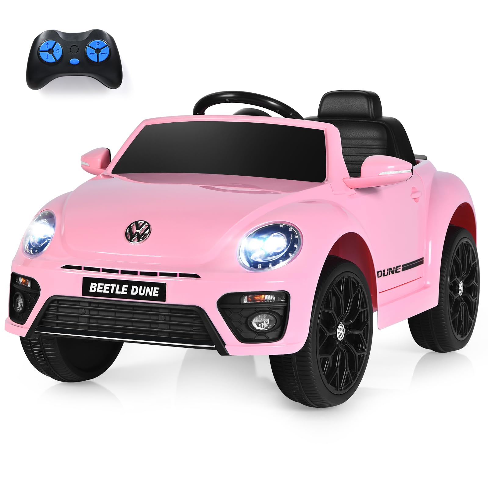 GOPLUS Kinder Elektroauto mit 2,4 G Fernbedienung, 12V Kinderauto mit Musik, Hupe, stoßdämpfenden Rädern & Scheinwerfer, Kinderfahrzeug mit 2 Türen zum Öffnen, bis 5 km/h, für Kinder 3-8 Jahre (Rosa)