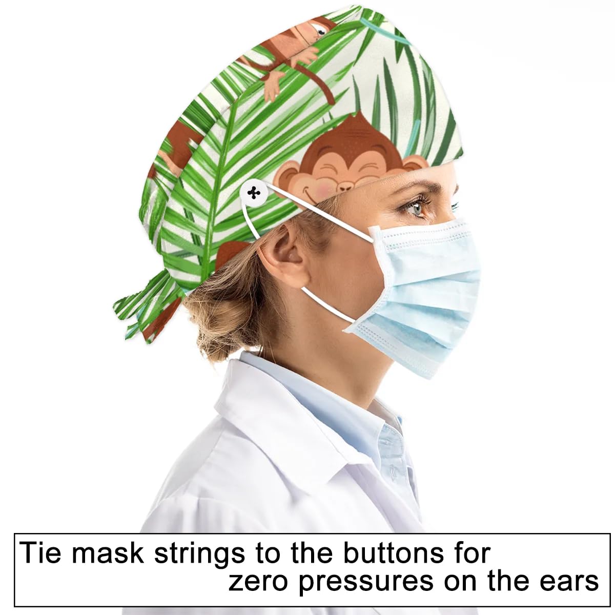 Mularoka Palm Banana Monkeys Working Caps with Button Sweatband Comfortable Adjustable Bouffant Hats Work Hat for Women Men