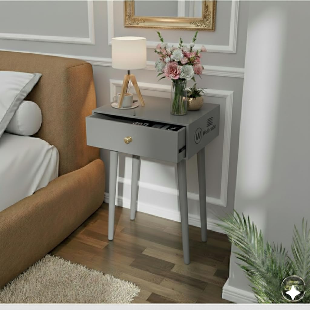 Modern Bedside Table with Drawer, Wooden Nightstand End Table with Storage Minimalist Side Table for Bedroom Living Room Compact Bedside Cabinet with Metal Legs (Full Grey)-image-49