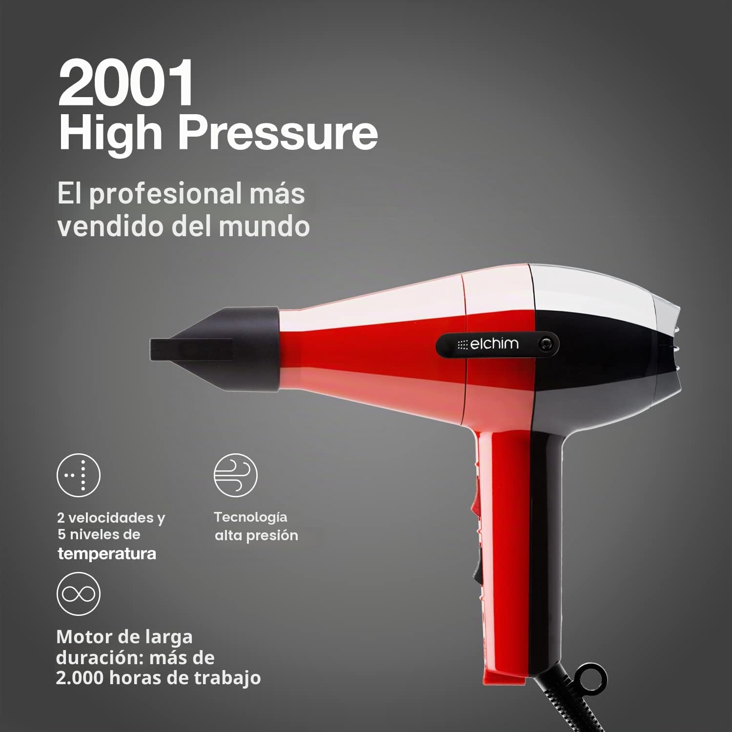 Elchim 2001 - Secador de pelo, 2000 W, color rojo y negro