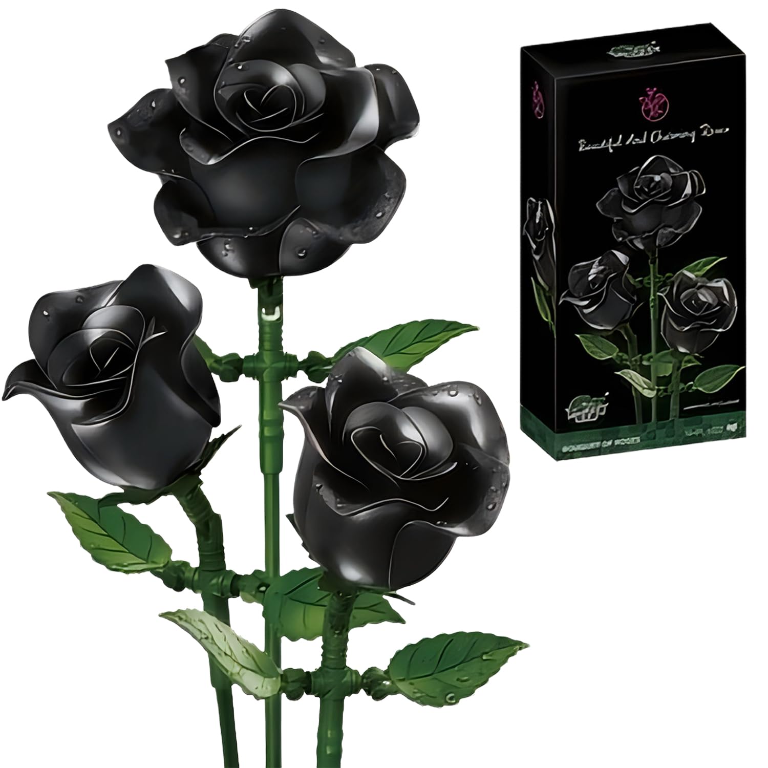 CHUYILEE Black Rose Flower Building Set - 3 PCS Roses Gift for Halloween Bouquet for Adults - Gothic Horror Retro Artificial Flowers Botanical Collection for Puzzle Lover (K)