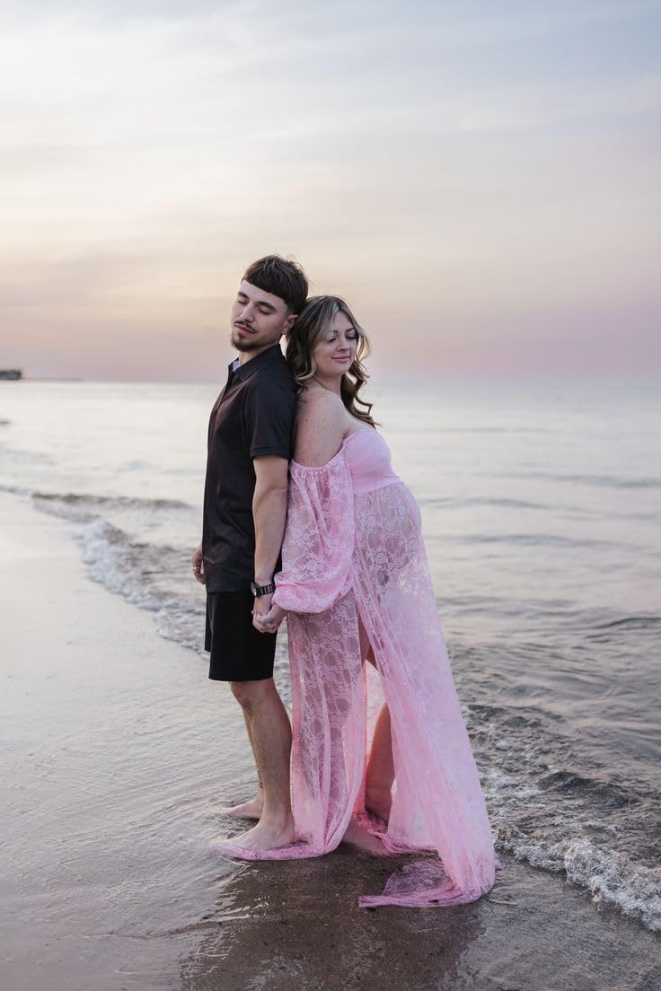 Saslax Weiche, dehnbare Spitze, schulterfrei, doppelt geteilter A-Linien-Rock, Umstandskleid, Schwangerschaftskleid, Maxikleid für Fotoshootings