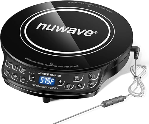 Nuwave Placa de cocción de inducción, placa caliente mejorada con sonda digital, 106 temperaturas 100F-575F, ajustes de 3 W, quemadores de inducción