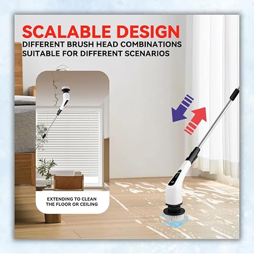 Miniatura 9 de Limpiador eléctrico giratorio, cepillo de limpieza inalámbrico con 8 cabezales reemplazables, mango ajustable, limpiador eléctrico de doble