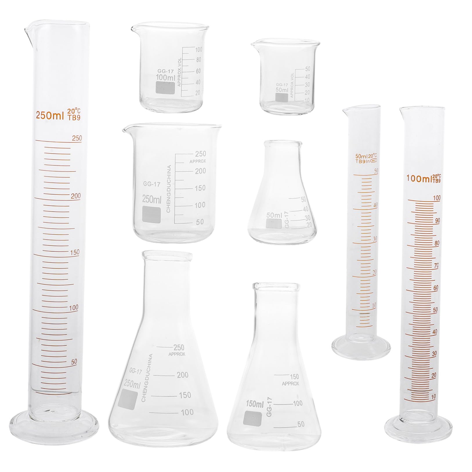 UKCOCO 9piezas Cristalería Para Laboratorio De Material Científico Vaso De Precipitados Matraz Cónico y Probeta De Vidrio Para Experimentos De Ciencia Casa o Escuela