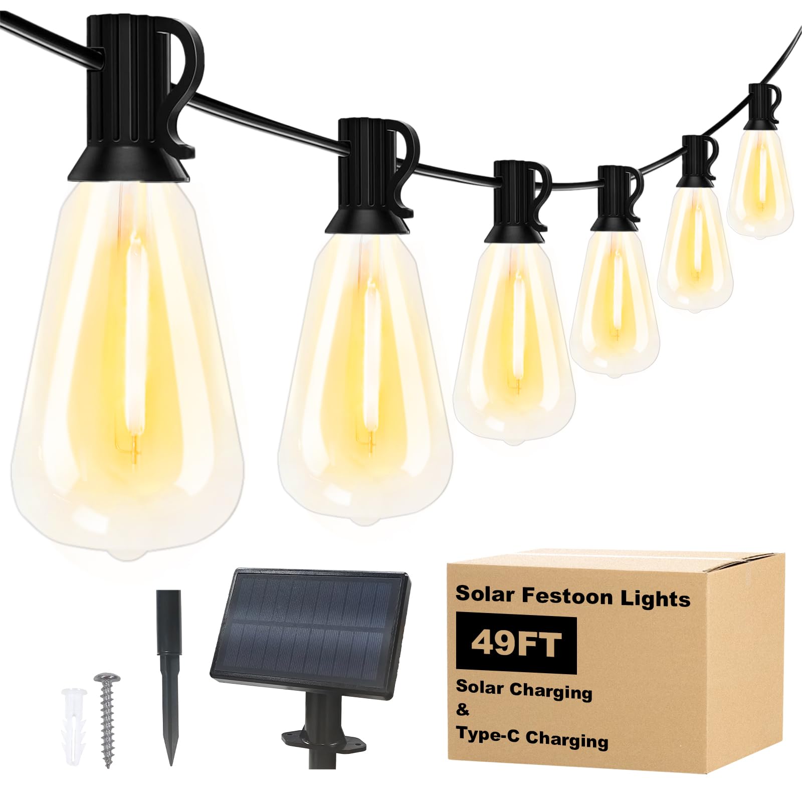 Spacelumen 15M Outdoor Festoon Lights Solar Powered, Outside Patio String with 3 Modes & 17+1 ST38 Edison Bulbs Shatterproof