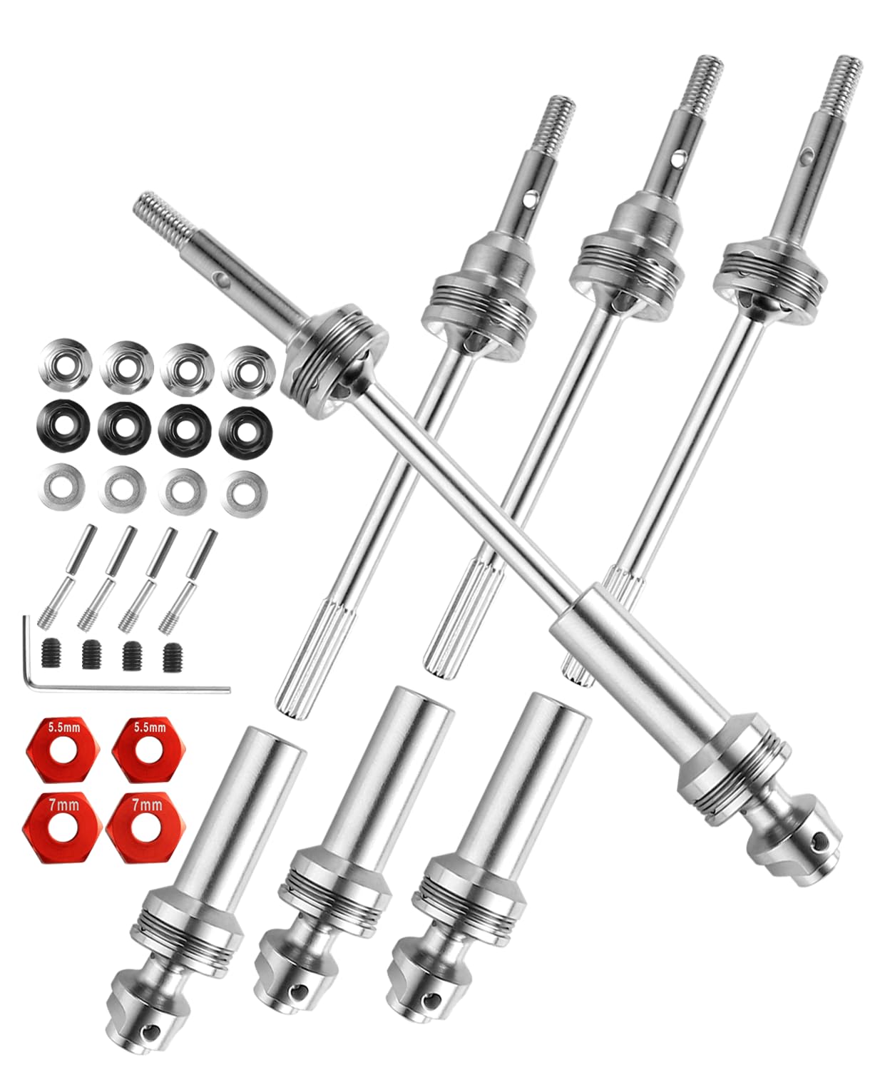 Rcarmumb Upgrades Part Drive Shaft CVD for 1/10 Slash 4X4/Stampede 4X4/Rustler 4X4/Hoss 4X4 RC 4WD,4PCS Front Rear Stainless Steel CVD #45 Axle with