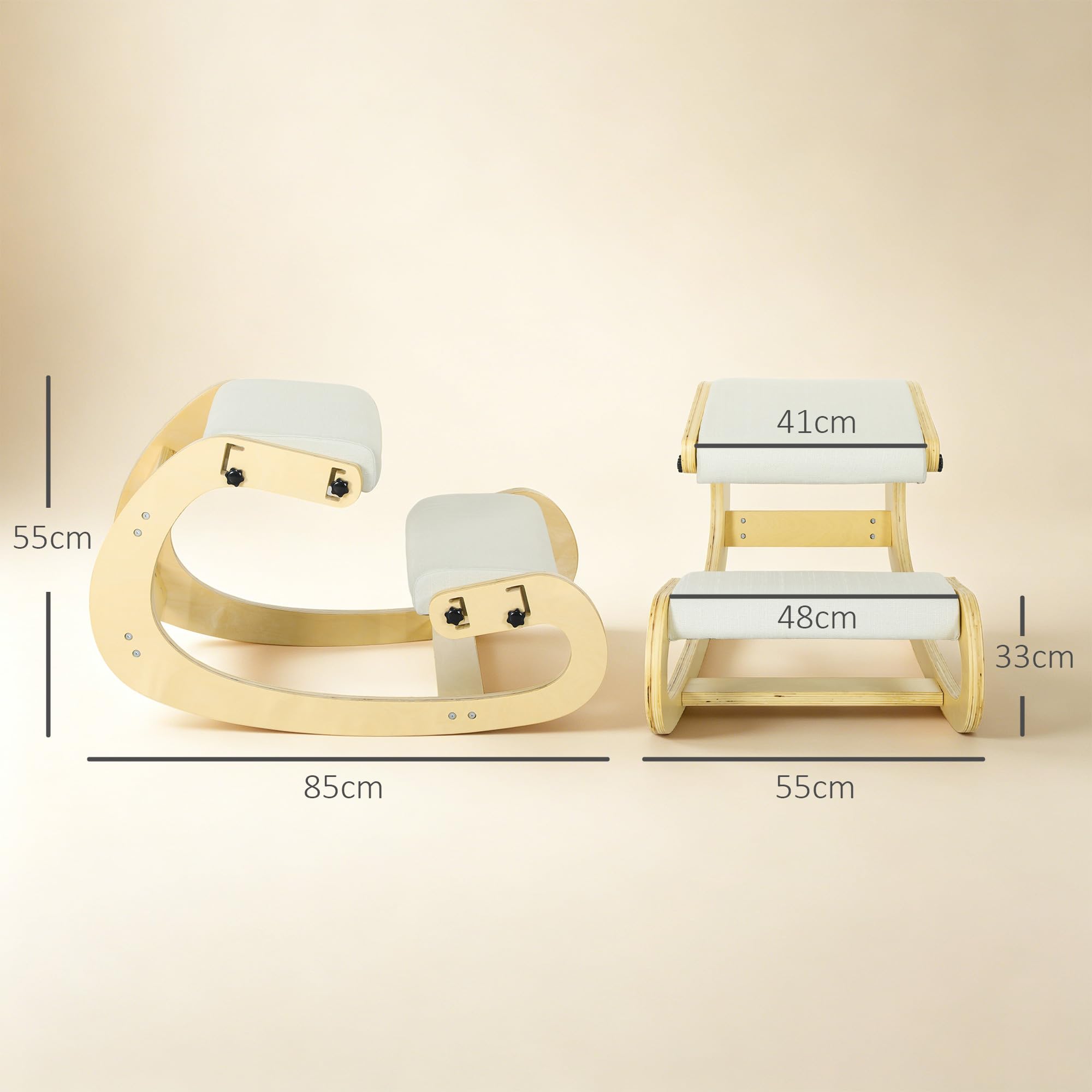 HOMCOM Siège Assis Genoux, siège Ergonomique en Bois à Bascule, Chaise à Genoux réglable pour Bureau à Domicile, améliorer la Posture, maux de Dos, crème