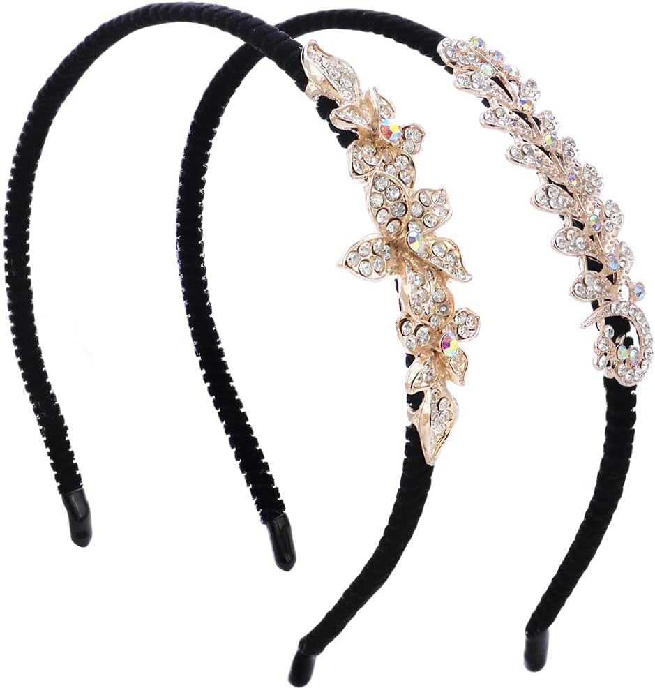 Azonee 2 Pack Women Hairbands Crystal Rhinestone Headbands Fashion Non-Slip Hairpiece Elastic Hair Hoop Hair Jewelry Accessories Jeweled Headwear Embellished Hair Wrap Flower Hair Decoration