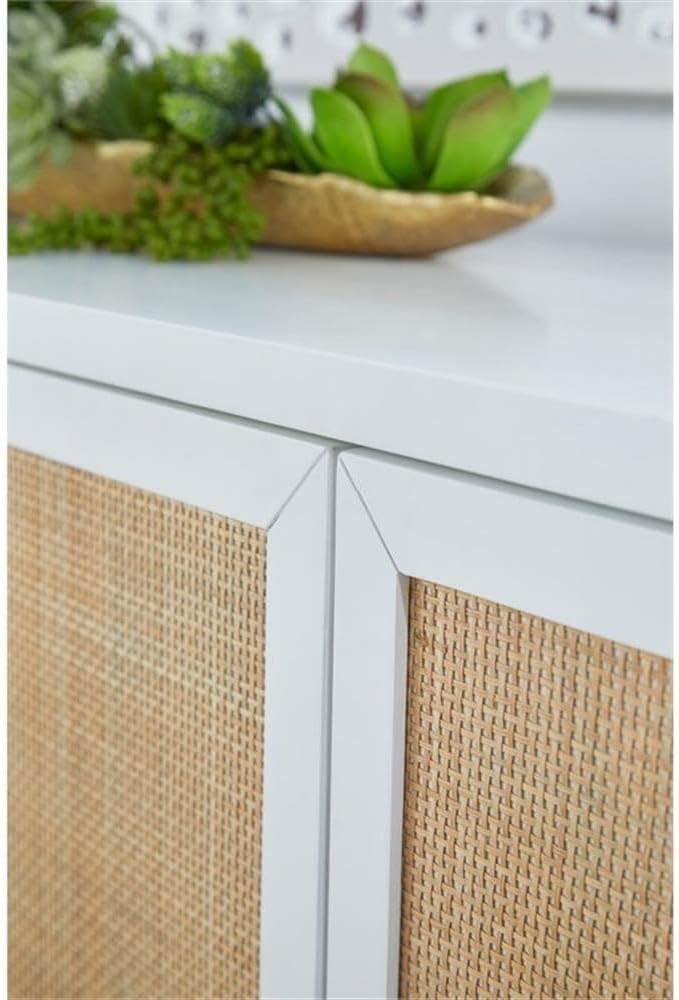 Pemberly Row Contemporary Media Sideboard, 71 in Wide, Rattan Inlay Wood, Matte White and Natural Finish, Brushed Brass and Acrylic Handles, Adjustable Shelves, Cord Management, Living Room Storage